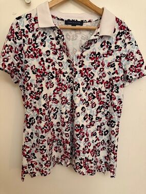 Tommy Hilfiger Floral Polo Top L Red Blue Short Sleeve Stretch Golf Casual